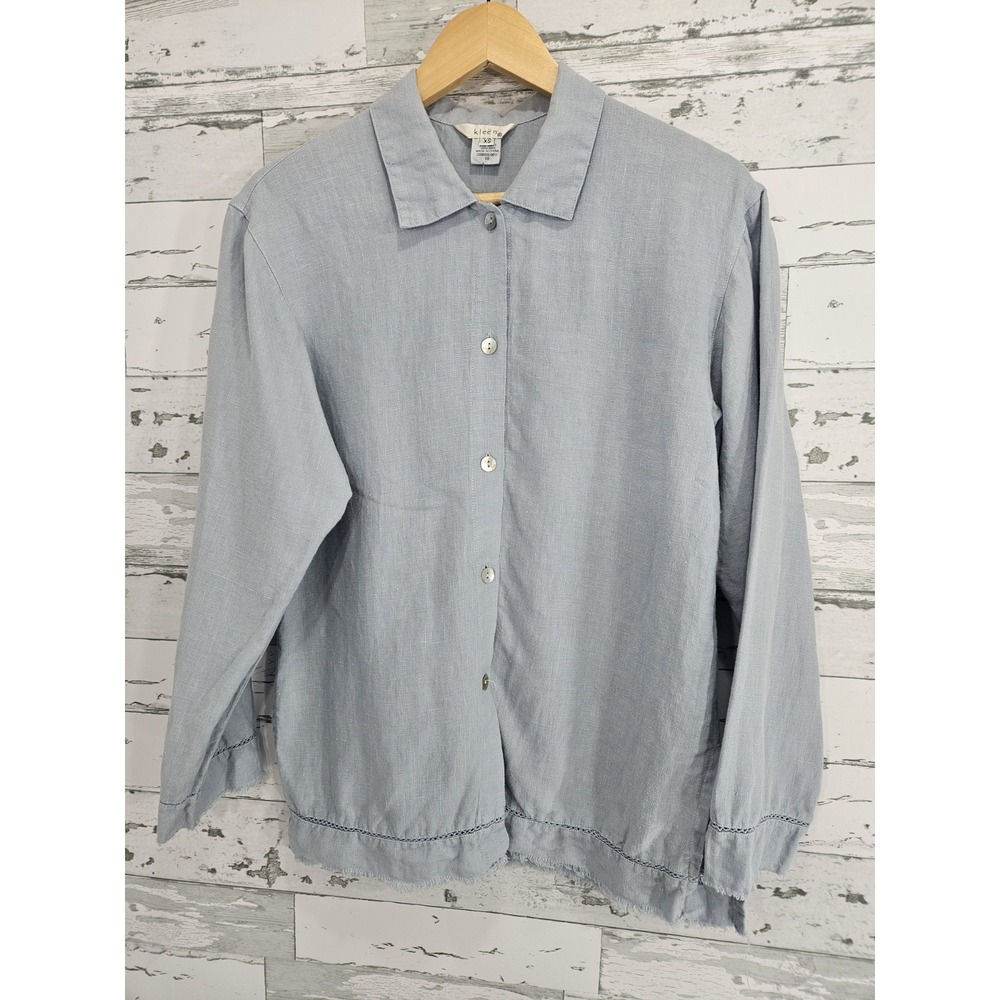 Kleen Womens Xsmall Light Blue Linen Button Up Shirt Crochet Fringe Hem